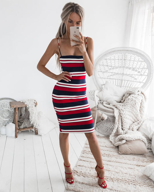 Damen Figurbetontes Midikleid mit modernem Streifenmuster und feinen Trägern R&B