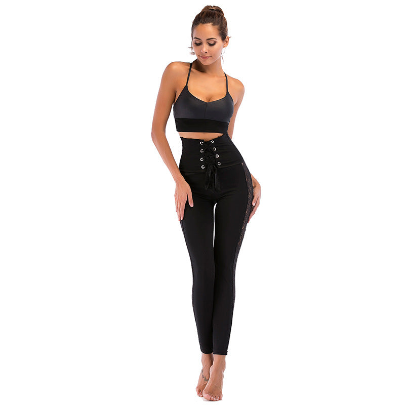 Damen Sportliche High-Waist Leggings mit verstellbarem Kordelzug und transparenten Einsätzen R&B