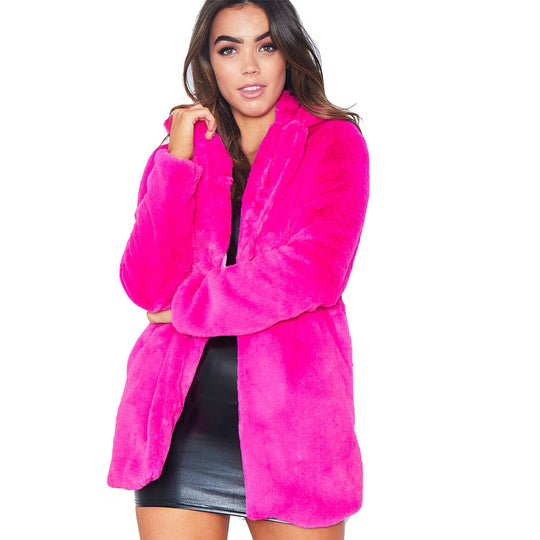 Damen Flauschige Langjacke aus Kunstpelz mit Kapuze R&B