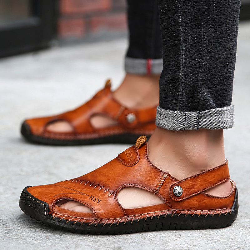 Herren Komfortable Open-Toe Ledersandalen mit verstellbarem Riemen R&B