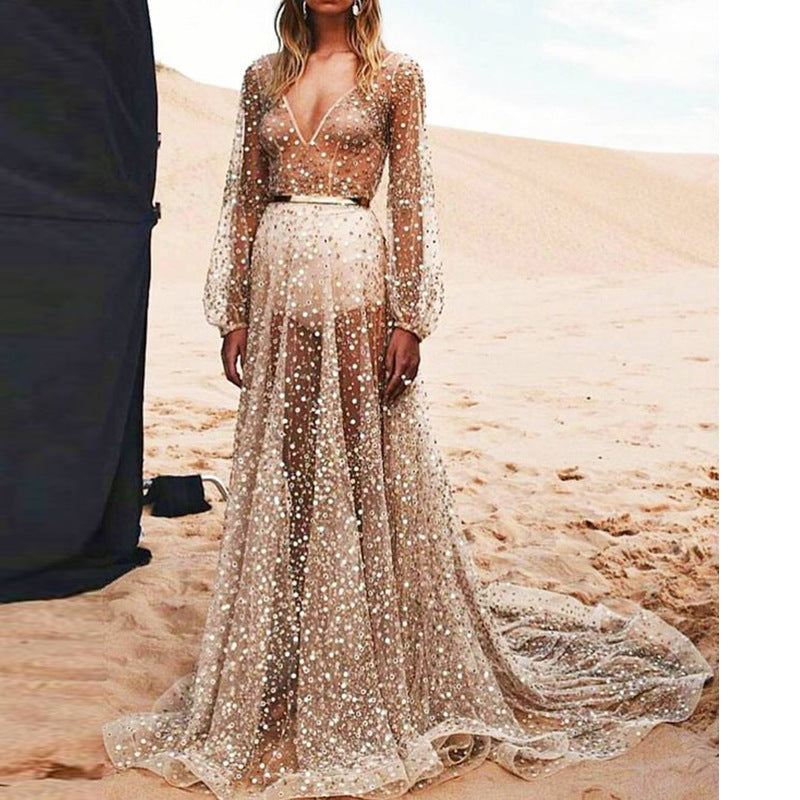 Damen Hochwertiges Abendkleid mit funkelnden Pailletten und transparentem Stoff R&B