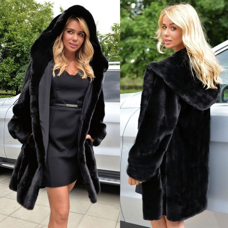 Damen Eleganter Kunstpelzmantel mit tiefem Kapuzenkragen und seitlichen Taschen R&B