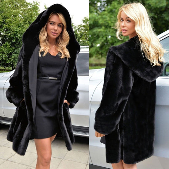 Damen Eleganter Kunstpelzmantel mit tiefem Kapuzenkragen und seitlichen Taschen R&B