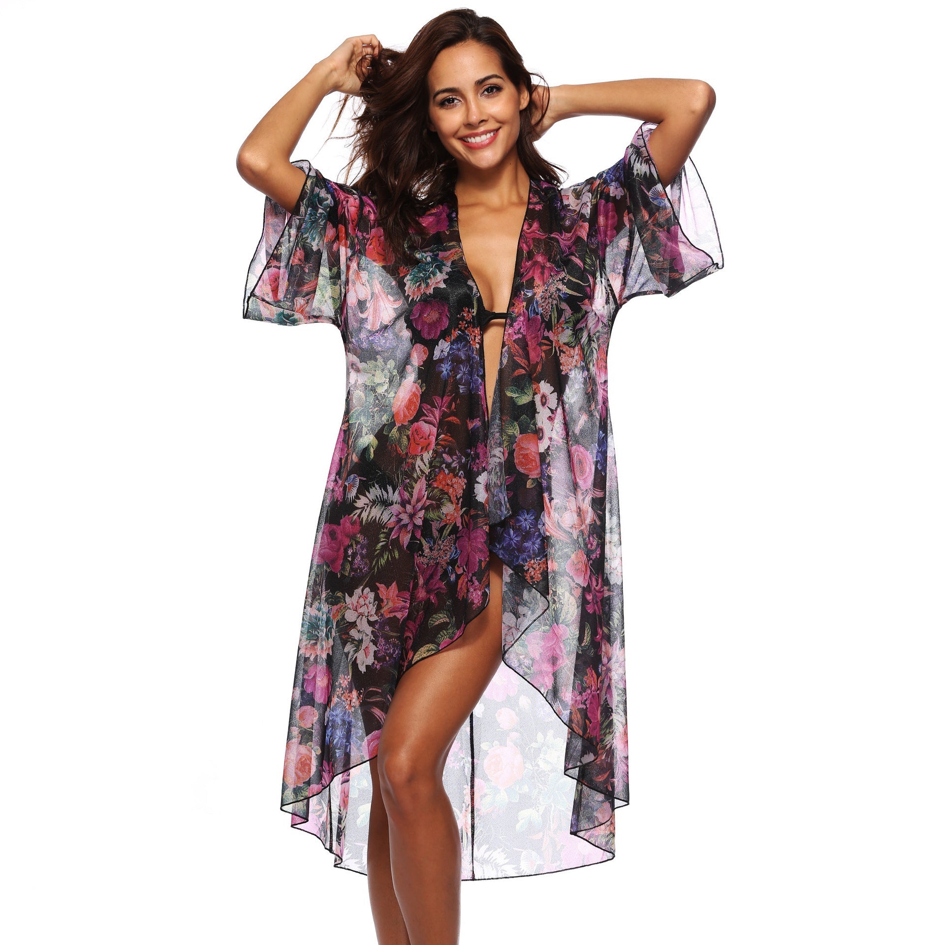 Damen luftiger Strandkimono mit floralem Design R&B