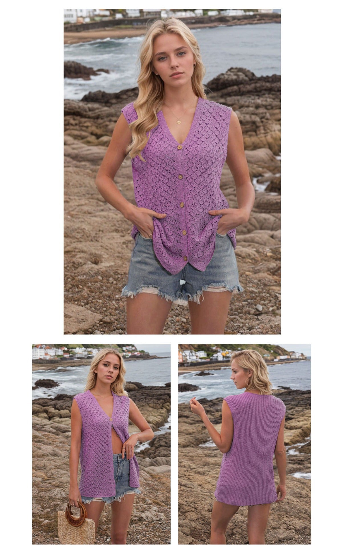 R&B | V-Ausschnitt Knopf ärmellose Weste Strickpullover
