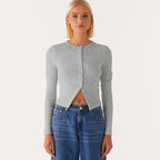R&B | Einfarbige schmal geschnittene lange Strickjacke