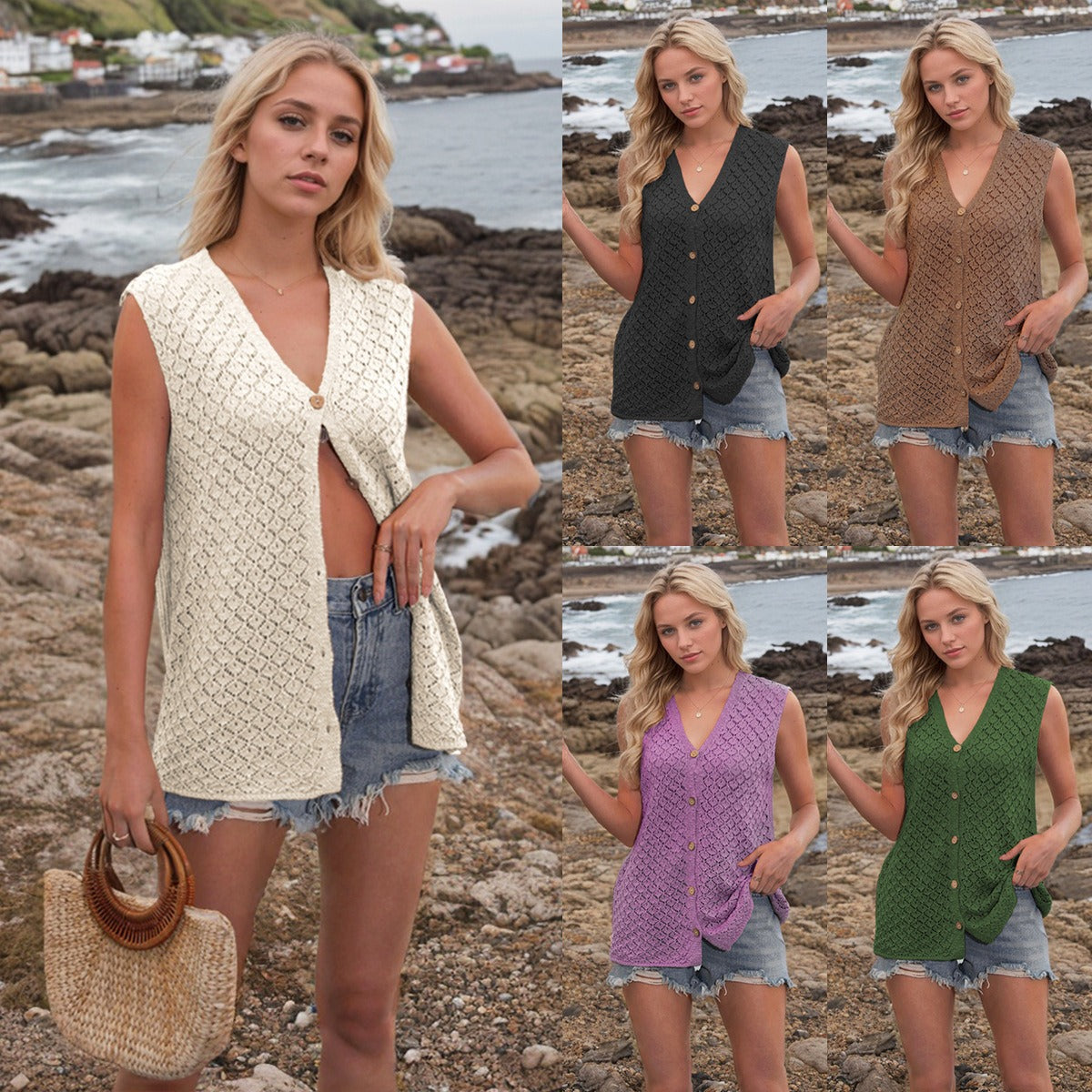 R&B | V-Ausschnitt Knopf ärmellose Weste Strickpullover