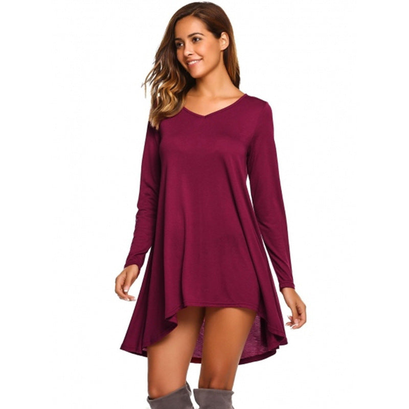 Damen lässiges V-Ausschnitt Kleid mit asymmetrischem Schnitt und langen Ärmeln R&B