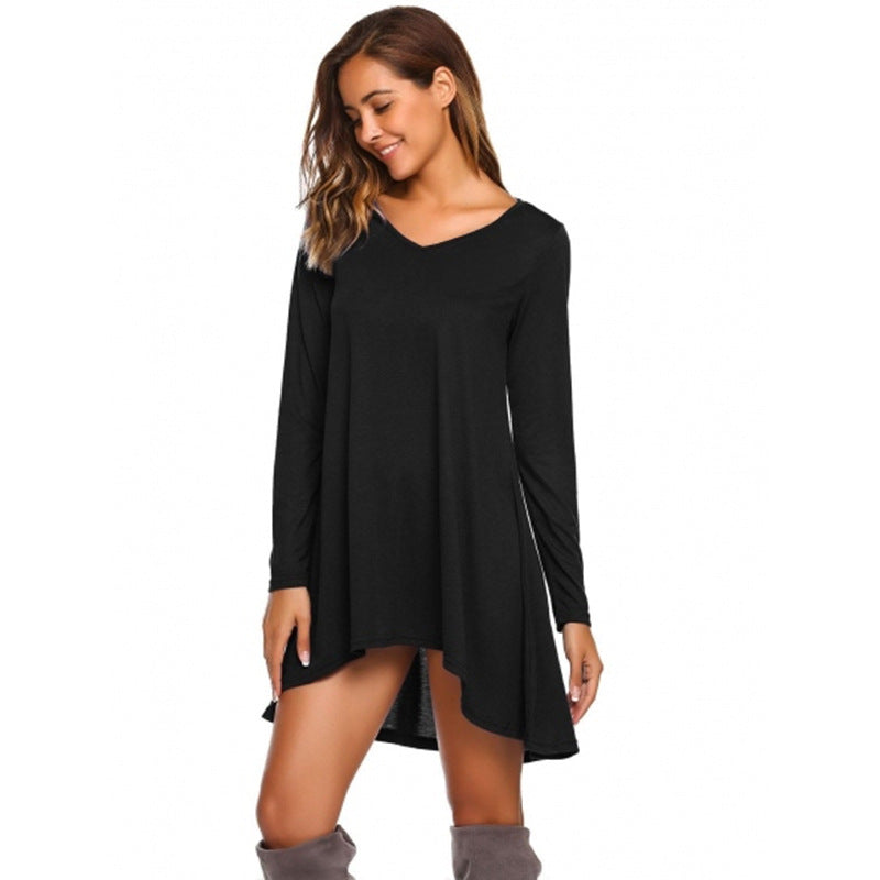 Damen lässiges V-Ausschnitt Kleid mit asymmetrischem Schnitt und langen Ärmeln R&B