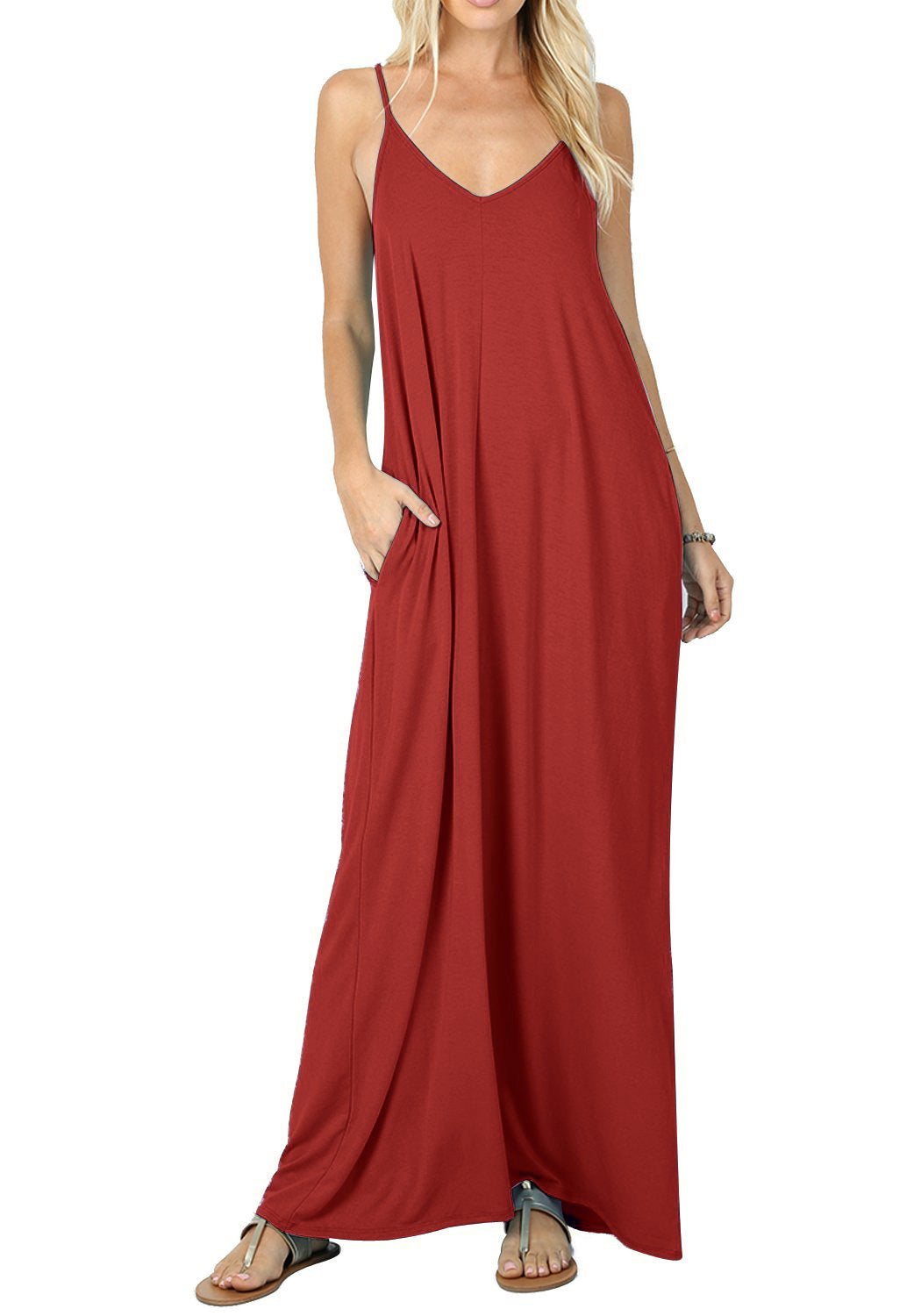 Damen Maxikleid mit verstellbaren Trägern und bequemen Seitentaschen R&B