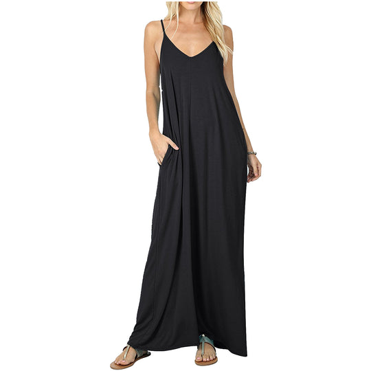 Damen Maxikleid mit verstellbaren Trägern und bequemen Seitentaschen R&B