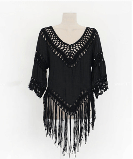 Damen romantische Häkelbluse mit Fransen R&B