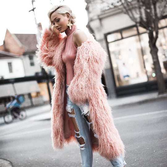 Damen Fluffiger Langmantel mit rauem Fell R&B