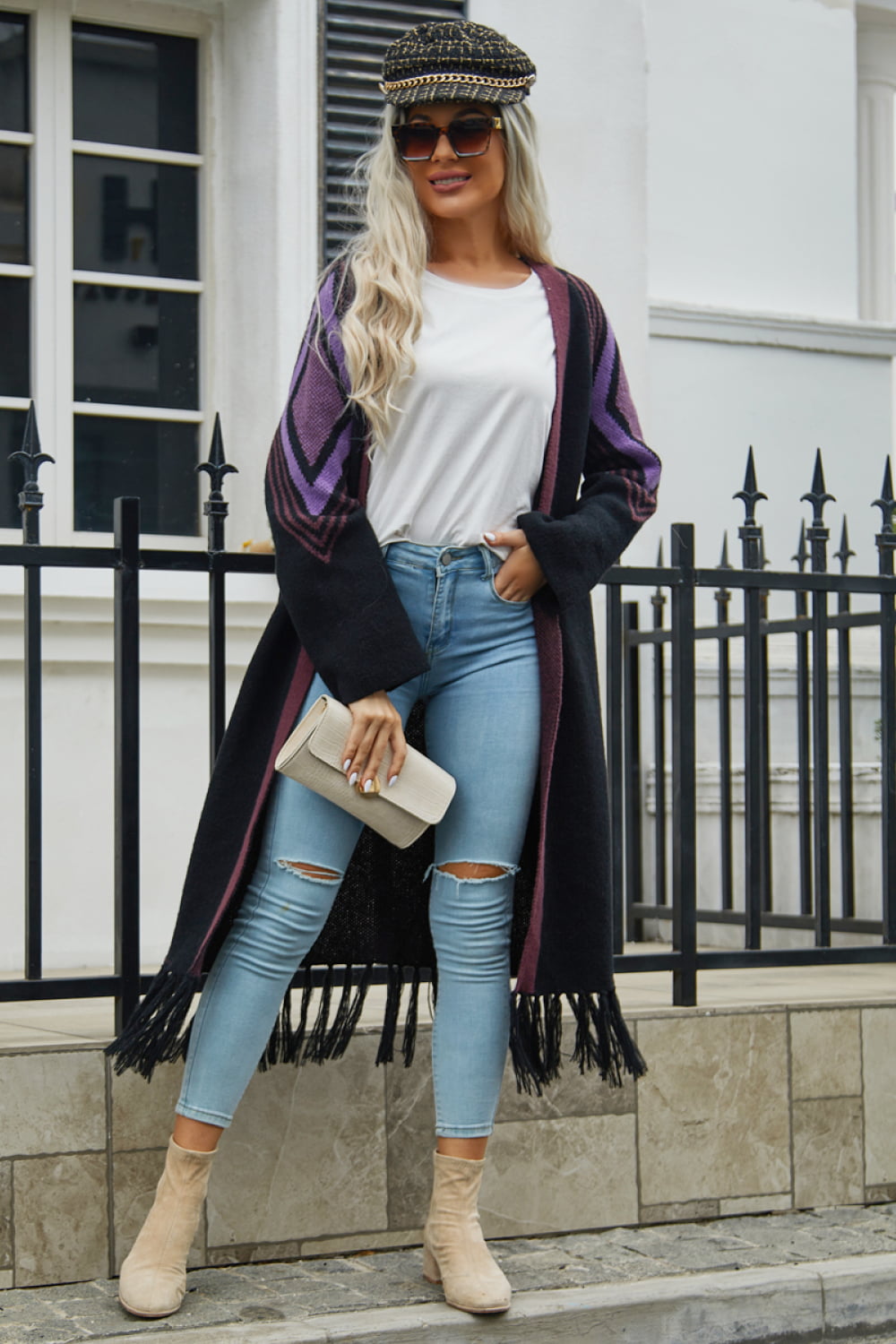 R&B | Geometric Fringe Hem Offene Front Duster Cardigan