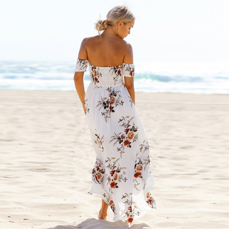 Damen Off-Shoulder Strandkleid mit floralem Muster und fließendem Schnitt R&B