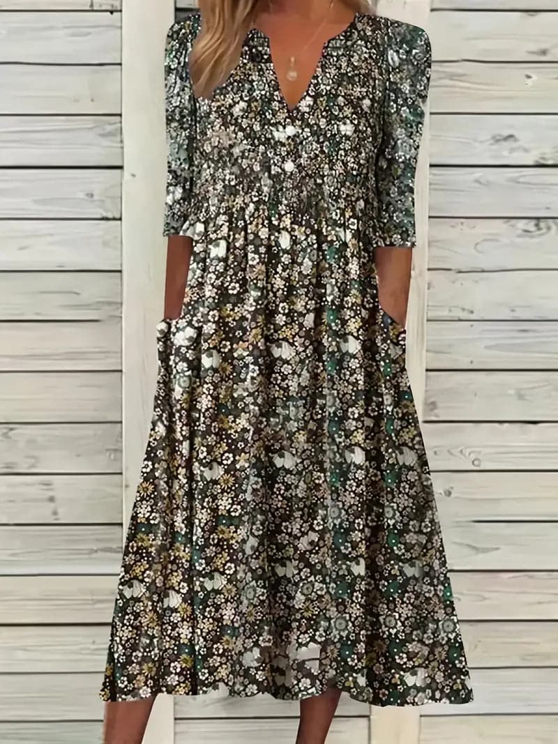 R&B | Midikleid A-Linie Passform V-Ausschnitt 3/4 Ärmel Blumenmuster