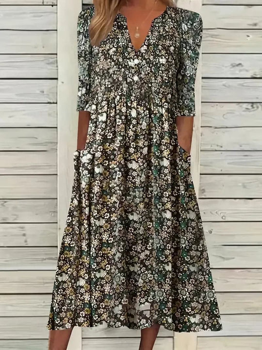R&B | Midikleid A-Linie Passform V-Ausschnitt 3/4 Ärmel Blumenmuster