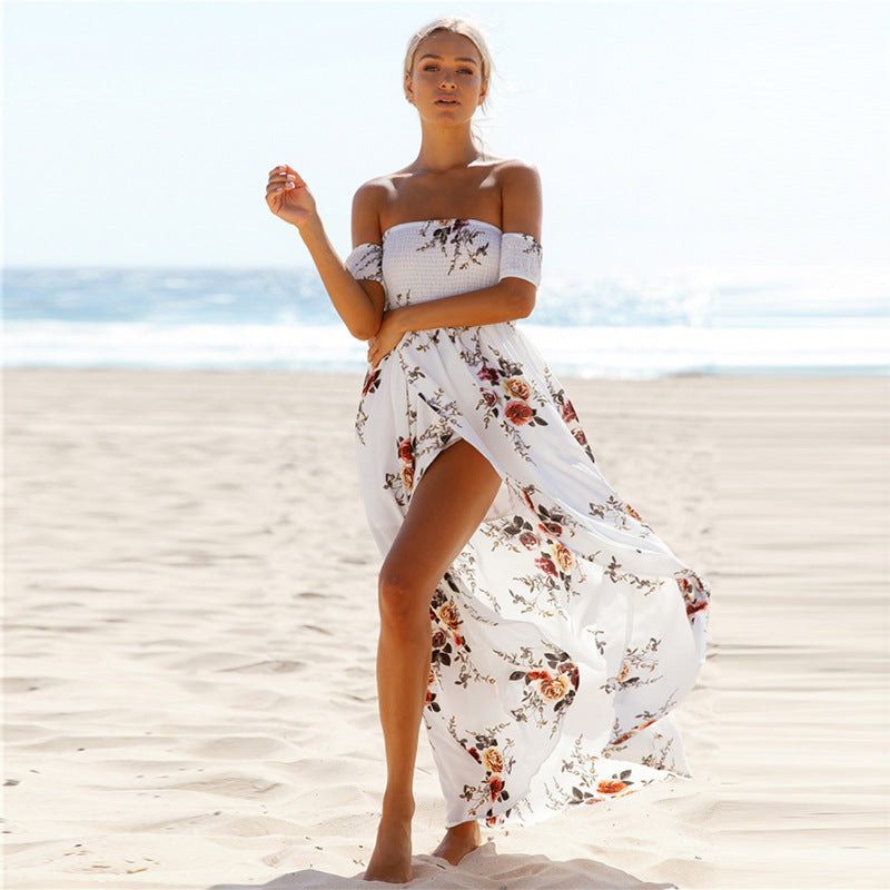 Damen Off-Shoulder Strandkleid mit floralem Muster und fließendem Schnitt R&B