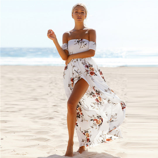 Damen Off-Shoulder Strandkleid mit floralem Muster und fließendem Schnitt R&B