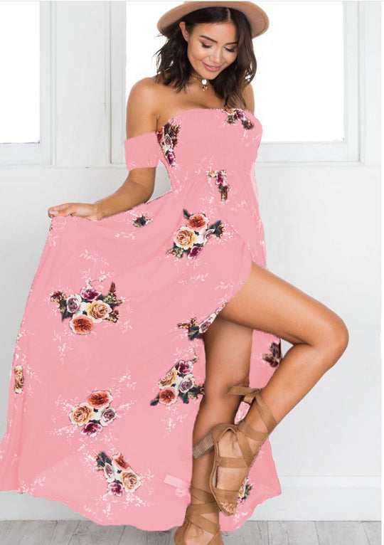 Damen Off-Shoulder Strandkleid mit floralem Muster und fließendem Schnitt R&B