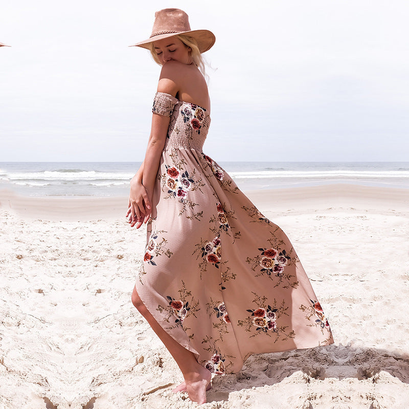 Damen Off-Shoulder Strandkleid mit floralem Muster und fließendem Schnitt R&B