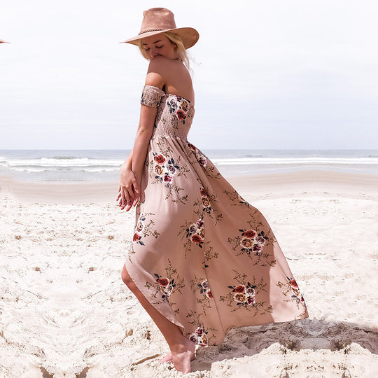 Damen Off-Shoulder Strandkleid mit floralem Muster und fließendem Schnitt R&B