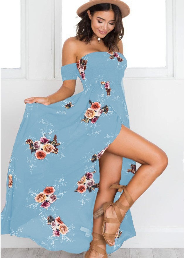 Damen Off-Shoulder Strandkleid mit floralem Muster und fließendem Schnitt R&B