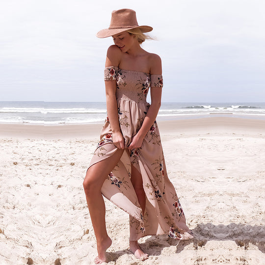 Damen Off-Shoulder Strandkleid mit floralem Muster und fließendem Schnitt R&B