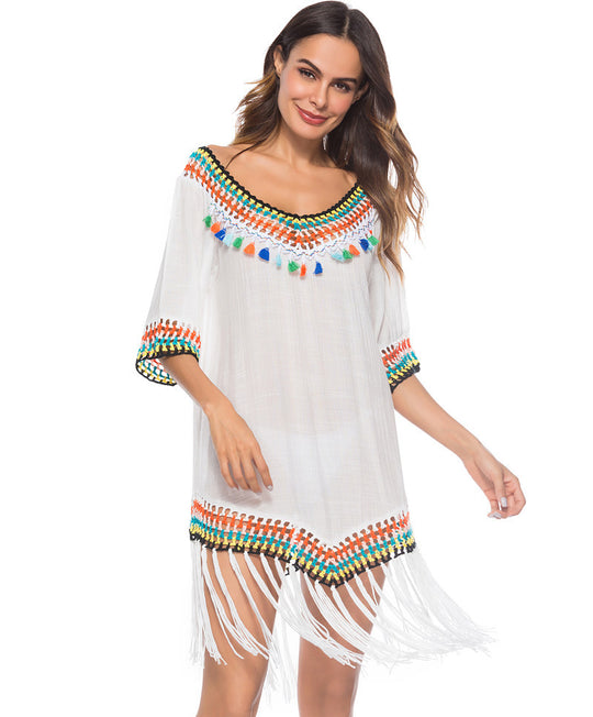 Damen Strandüberwurfkleid mit fransigem Saum und buntem Häkelmuster R&B