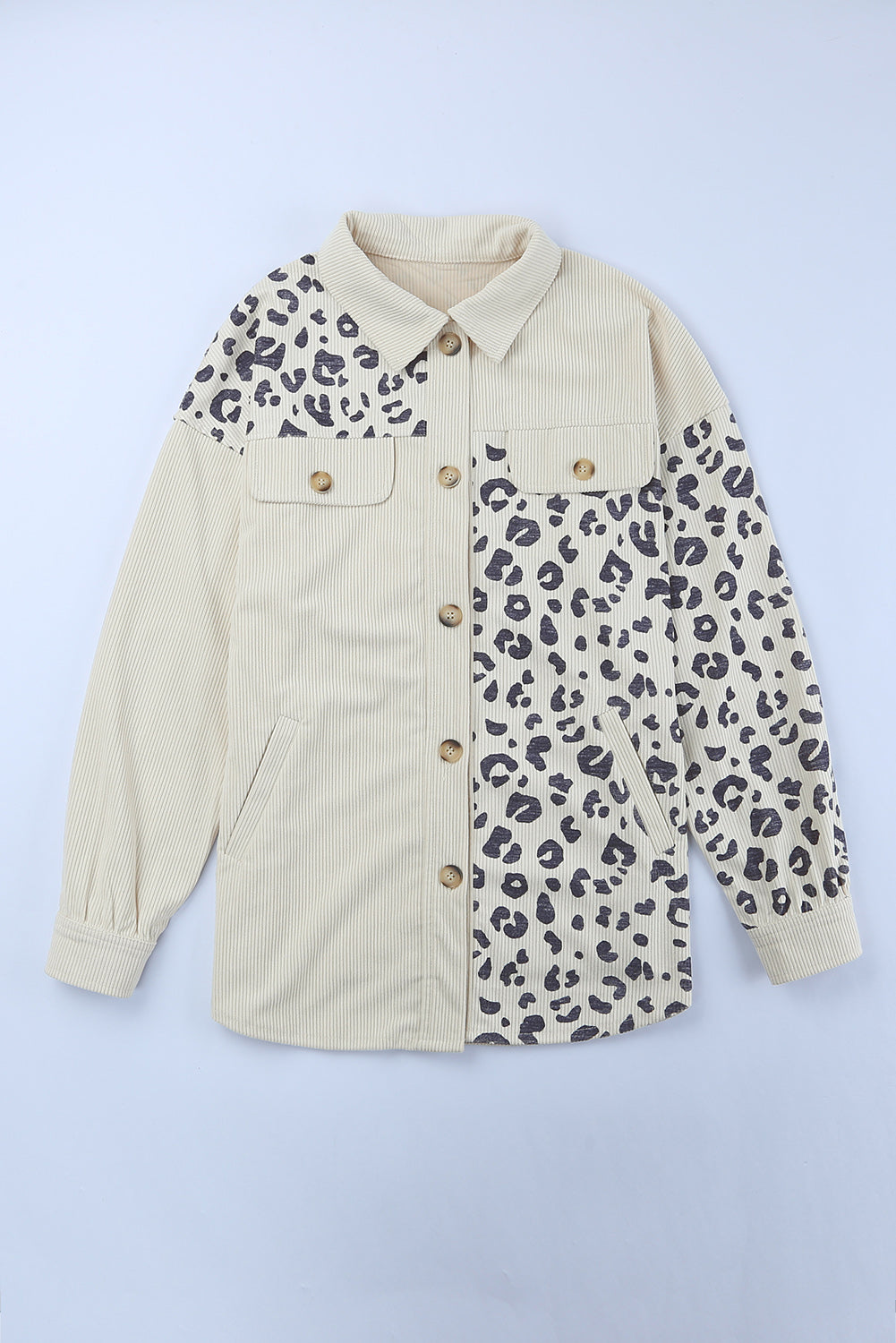 R&B | Double Take Leopard Print Pocketed Cord-Jacke