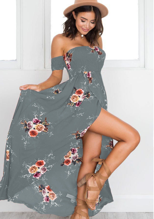Damen Off-Shoulder Strandkleid mit floralem Muster und fließendem Schnitt R&B