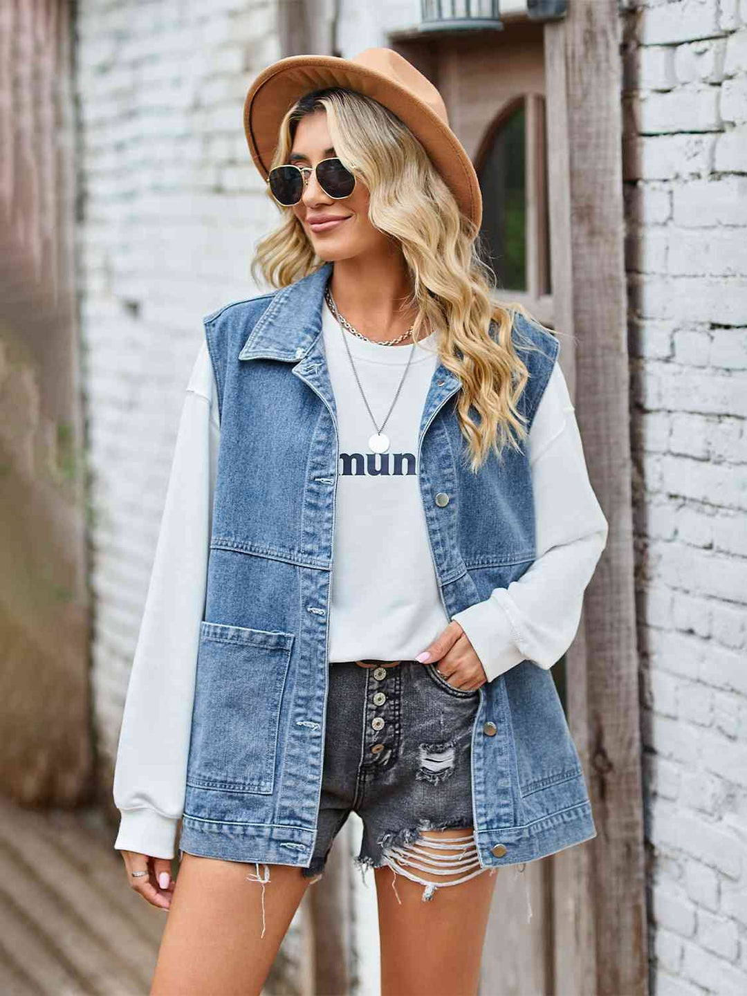 R&B | Knopf-Front Ärmellose Jeansjacke
