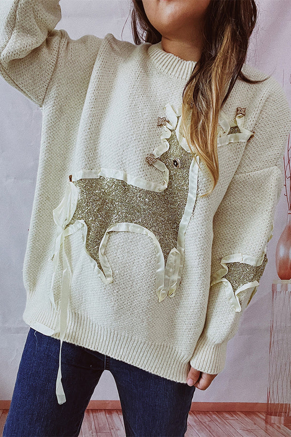 R&B | Weihnachtsmuster Gestrickter Rundhalsausschnitt Langarmpullover