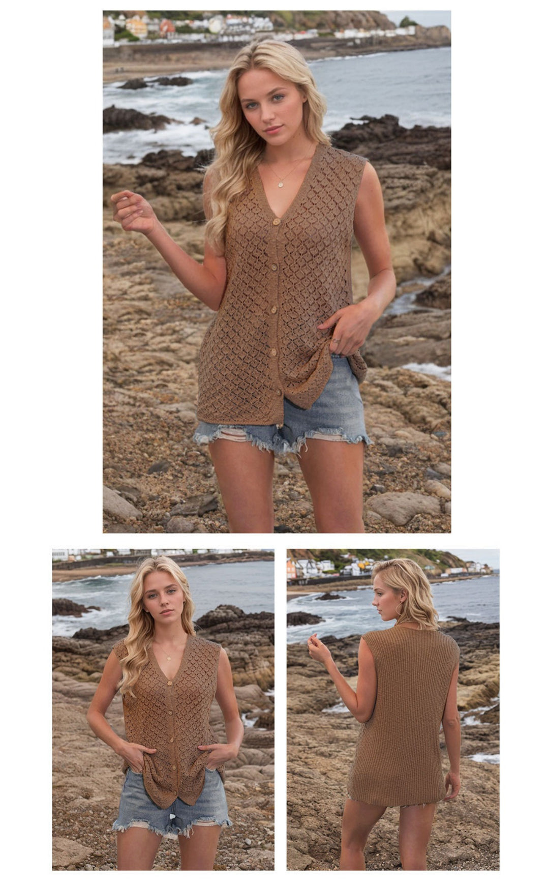 R&B | V-Ausschnitt Knopf ärmellose Weste Strickpullover
