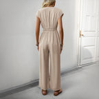 R&B | V-Ausschnitt einfarbiger elastischer Overall mit hoher Taille und weitem Bein