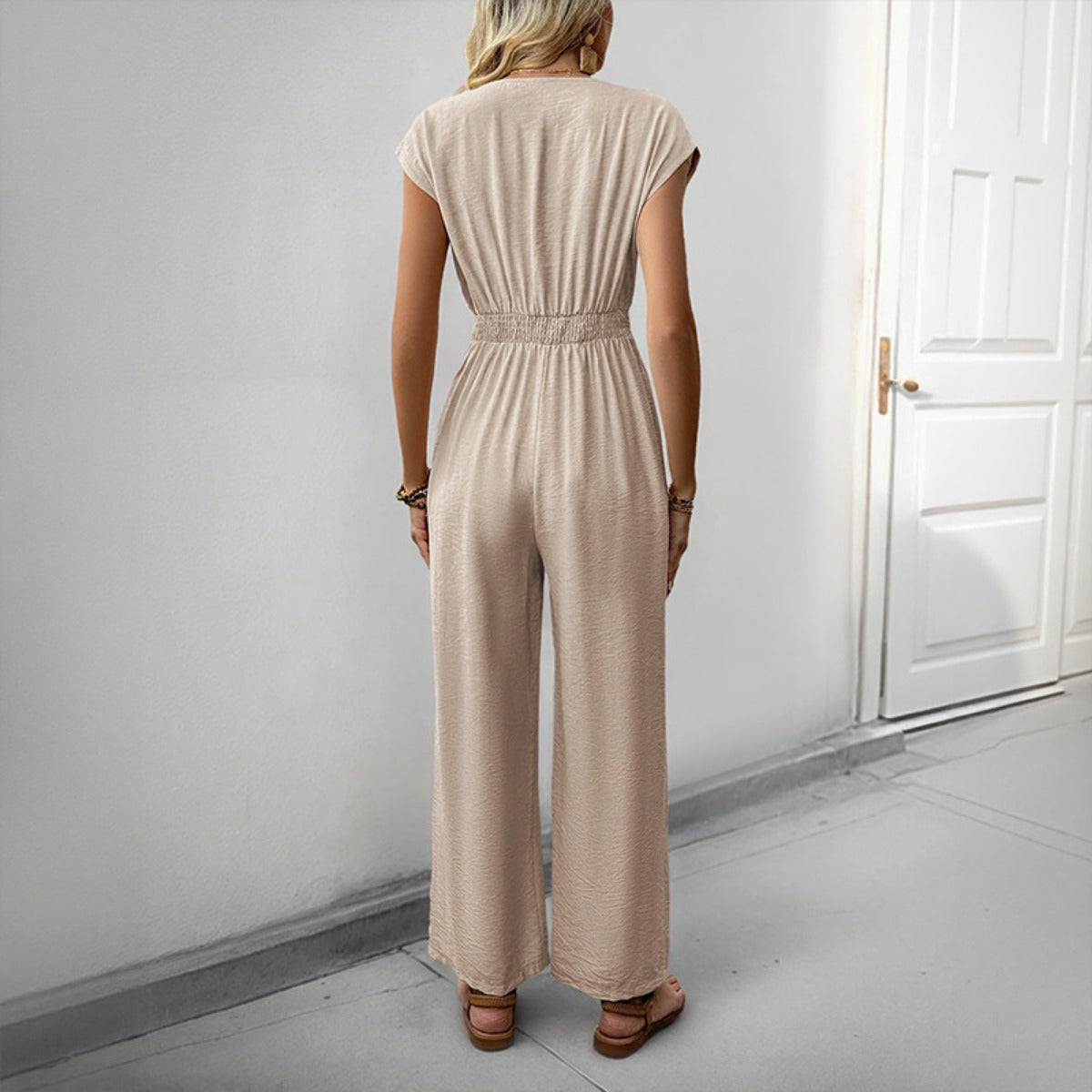R&B | V-Ausschnitt einfarbiger elastischer Overall mit hoher Taille und weitem Bein