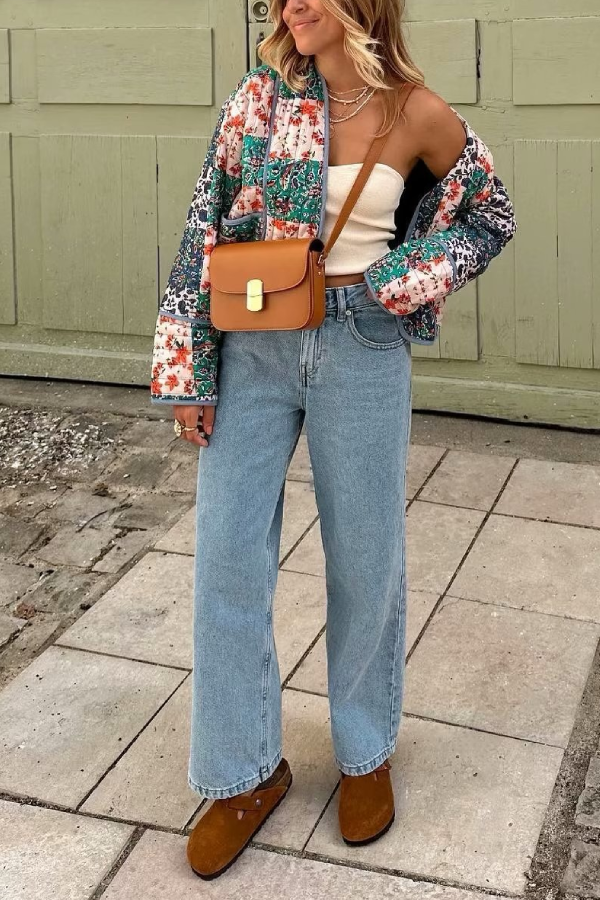R&B | Bedruckte lockere lässige Strickjacke kurze gesteppte Baumwolljacke