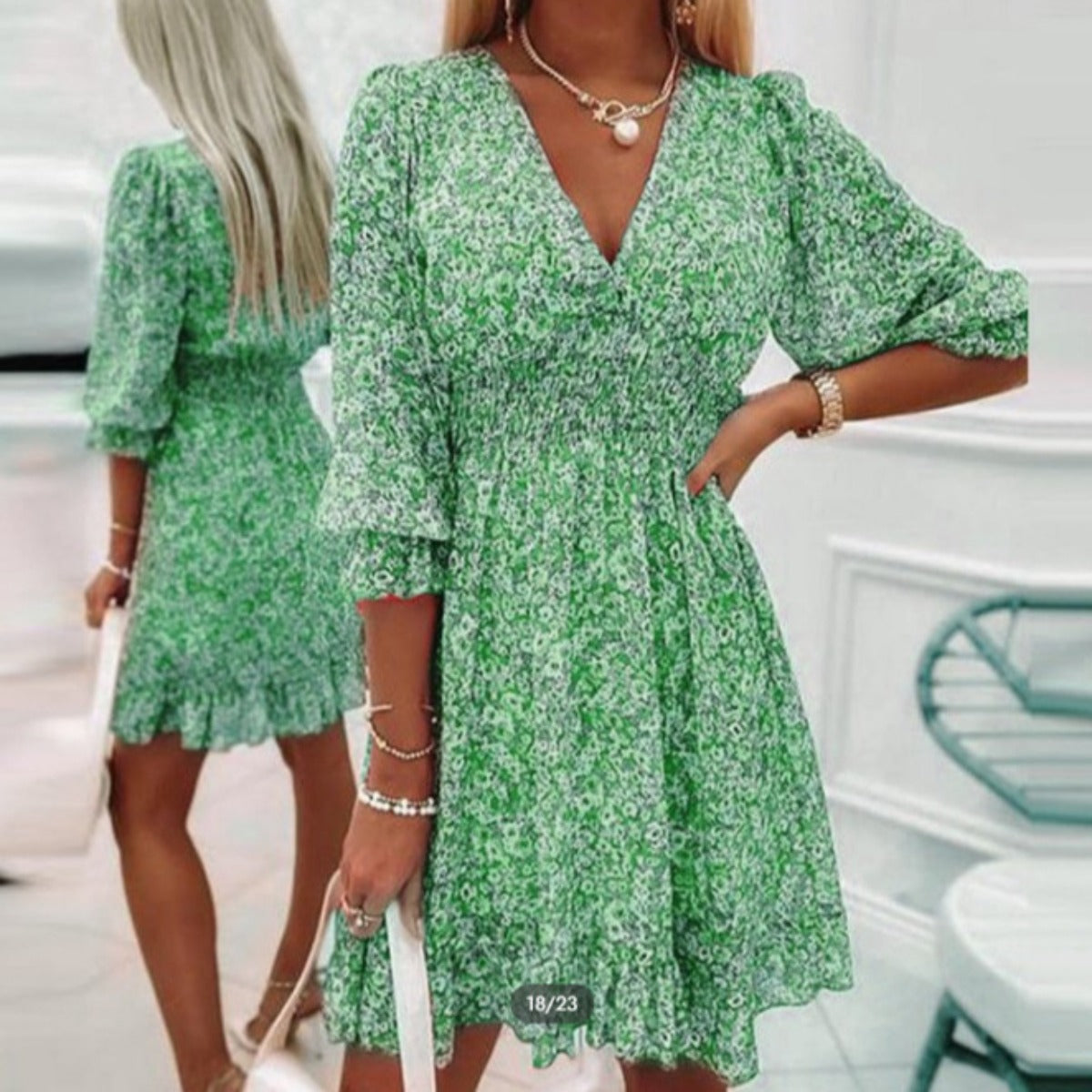 R&B | Mittellanges Kleid mit V-Ausschnitt und böhmischem Print für Damen