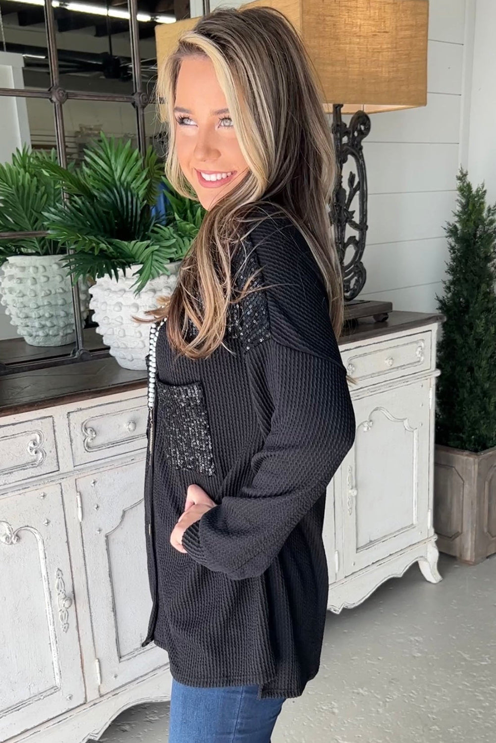R&B | Gerippte Blusenjacke mit Pailletten-details Polyester-mischung Festlich und Trendy