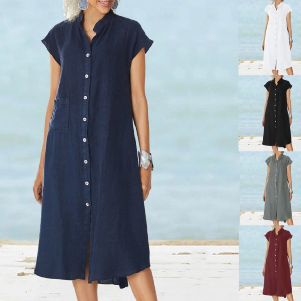 R&B | Strickjacke Stehkragen einreihiges Kleid aus Baumwolle und Leinen mit Taschen in großen Größen