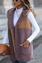 R&B | Ärmelloser Colorblock-Taschenloser Mid-Length Cardigan Puff-Velours-Jacke