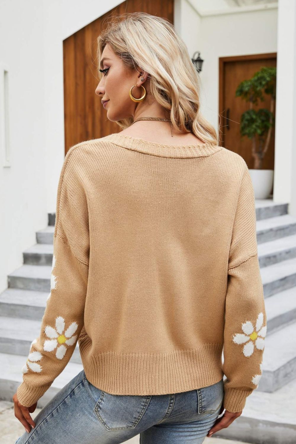 R&B | Floral Ribbed Trim Drop Shoulder Cardigan