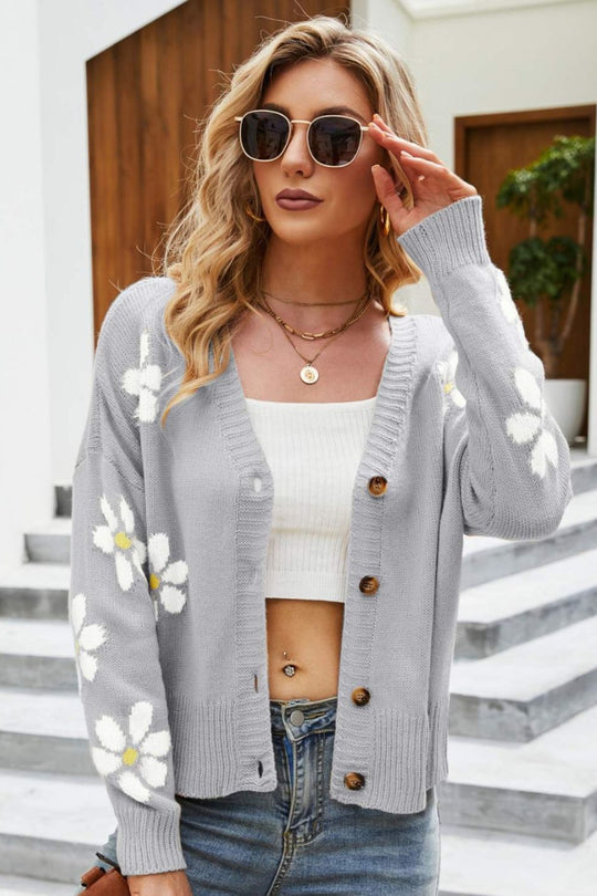 R&B | Floral Ribbed Trim Drop Shoulder Cardigan