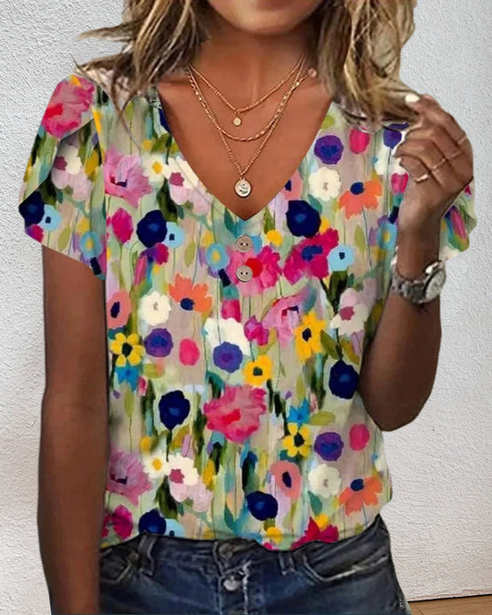 R&B | Kurzärmlige Farbenfrohe Blumenbluse mit V-Ausschnitt