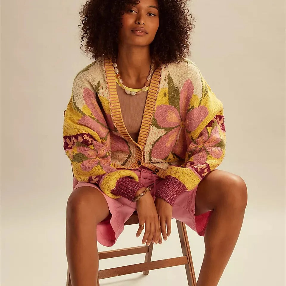 R&B | florale Strickjacke mit lockerer Passform und langen Ärmeln