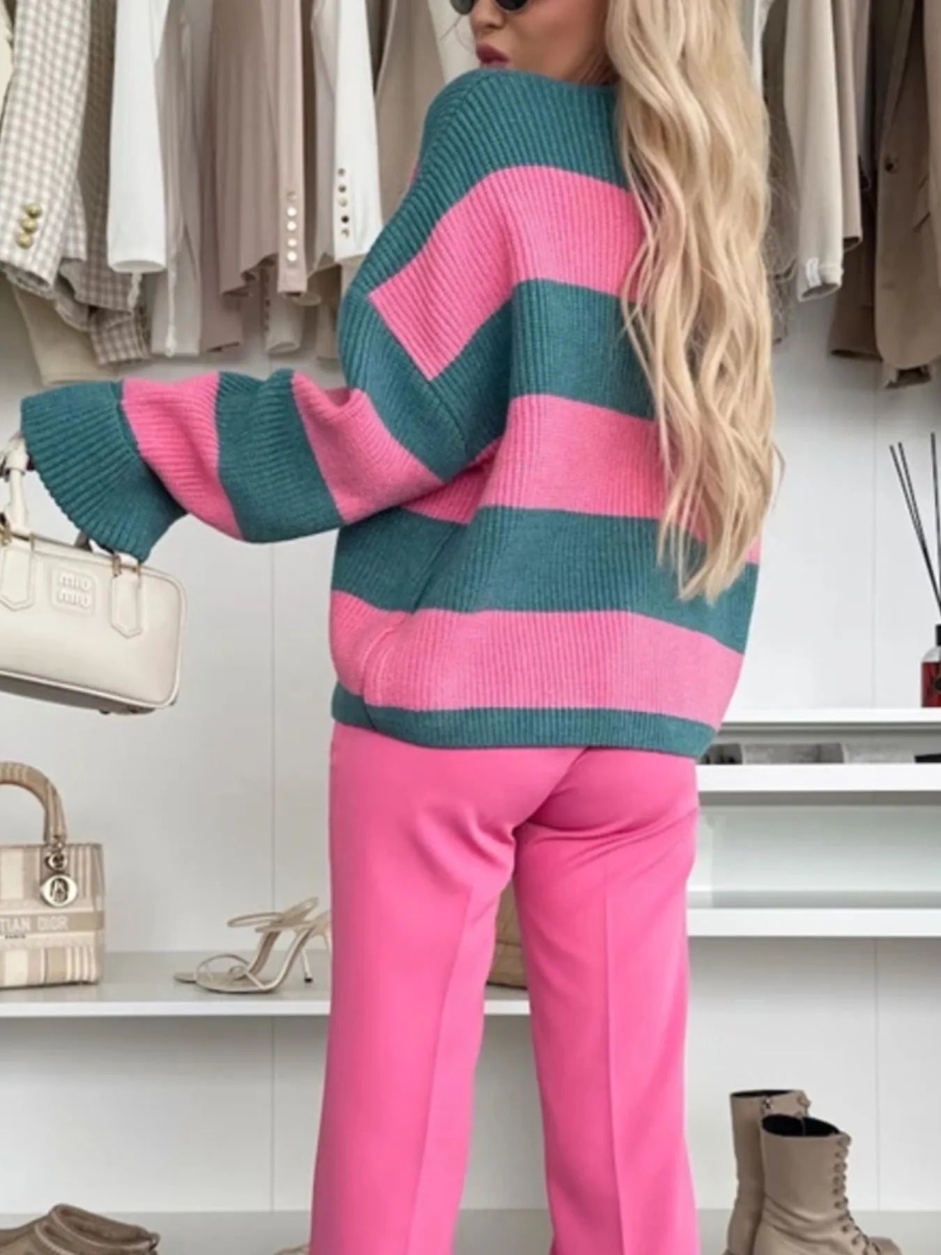 R&B | lässige gestreifte Strickjacke mit V-Ausschnitt
