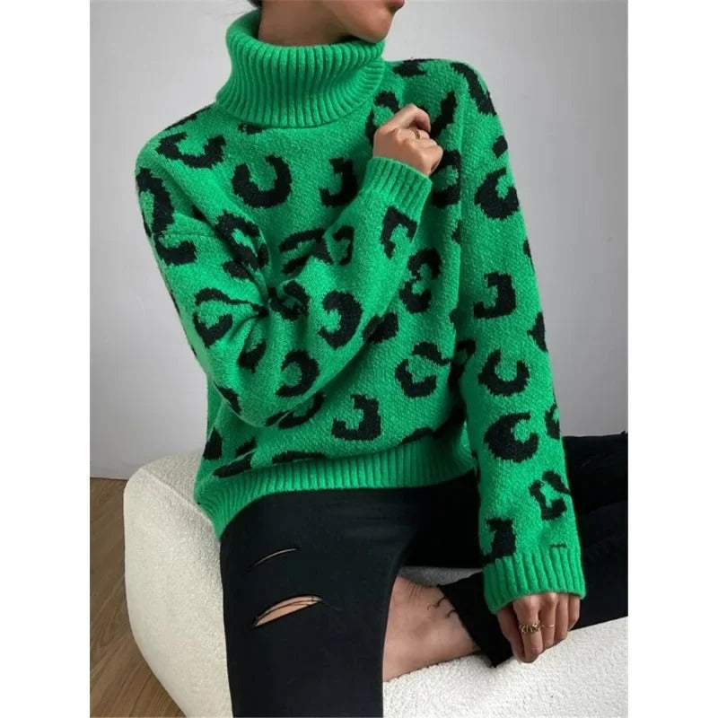 R&B | Lässiger Rollkragen-Strickpullover mit Leopardenmuster