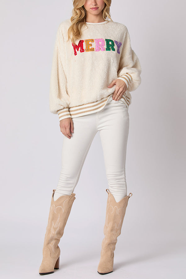R&B | Weihnachtsbuchstaben Strass Langarm Rundhalsausschnitt Sweatshirt