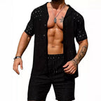 R&B | Lässige Herren hohlen einfarbigen Hemd Kordelzug Shorts zweiteiliges Set