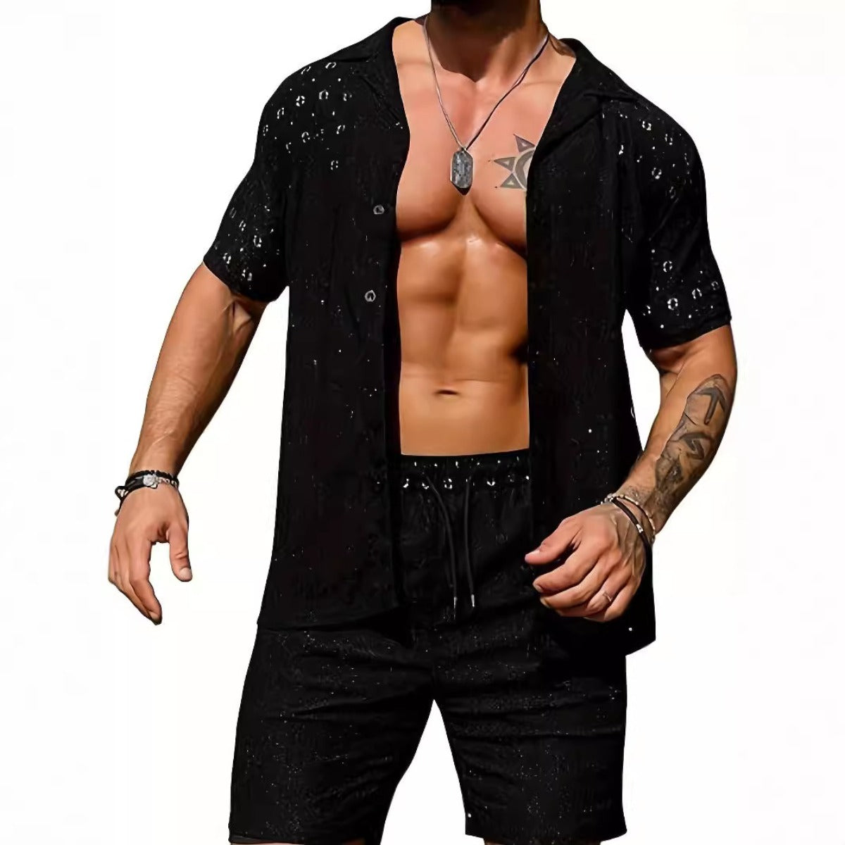R&B | Lässige Herren hohlen einfarbigen Hemd Kordelzug Shorts zweiteiliges Set